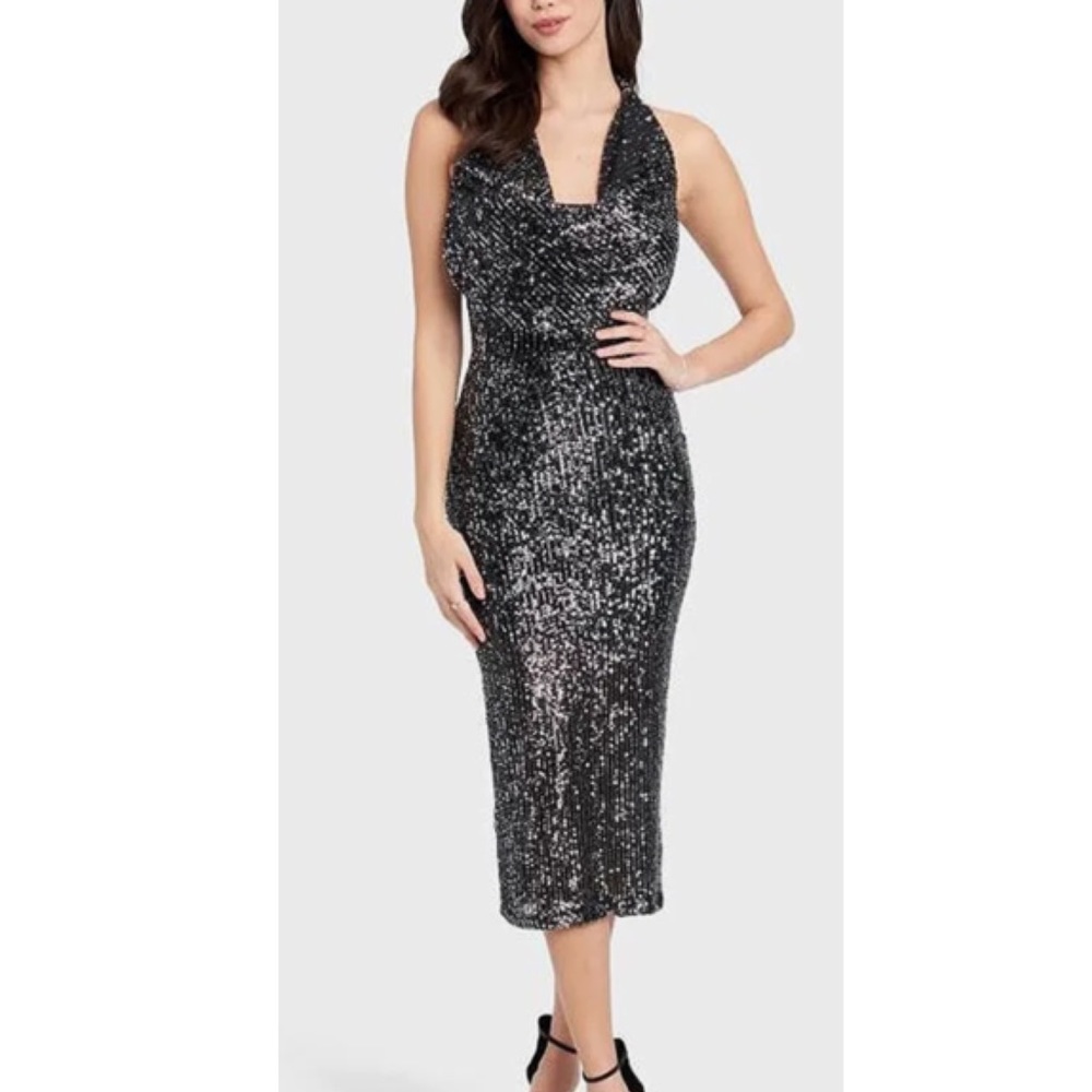 bebe • Black Sequin Halter Midi Dress | Open Back | Cocktail Party | Glam | NWT